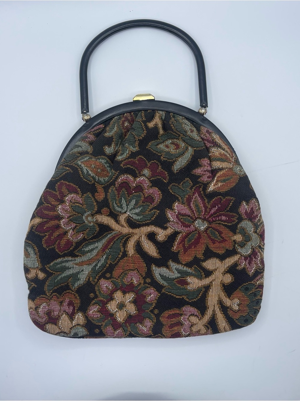 Vintage JR Miami USA floral hand bag tapestry black hard handle
